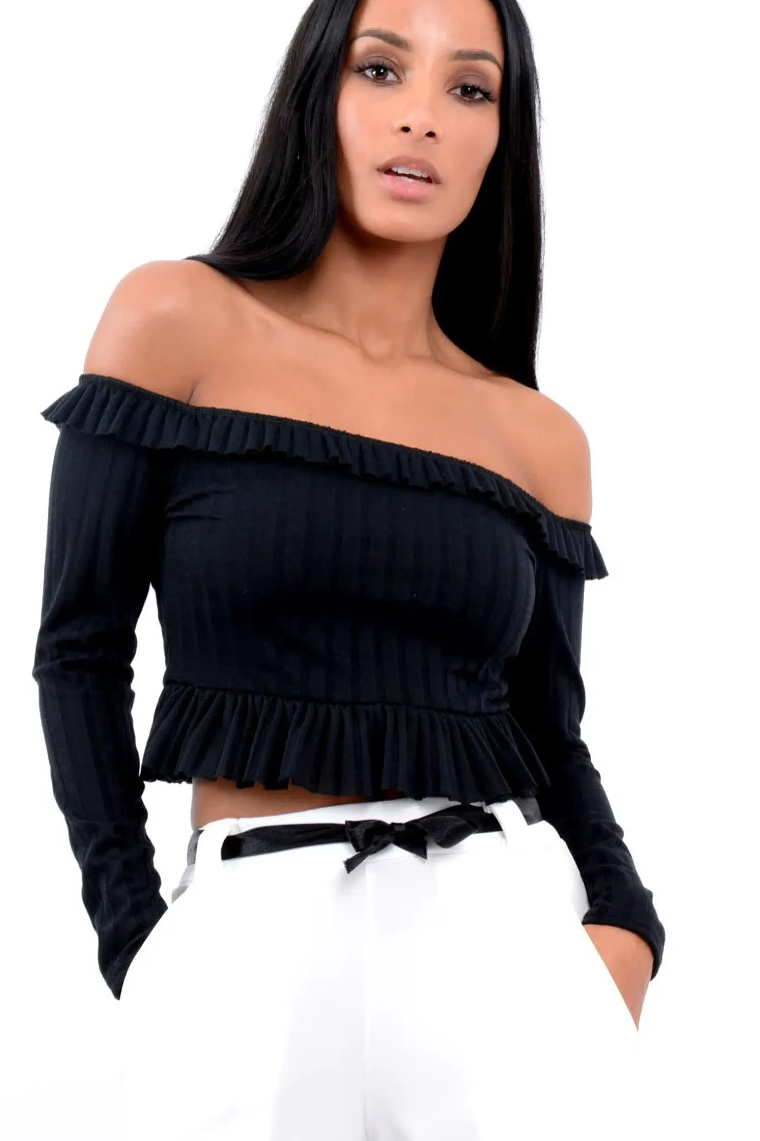 Rebellious Fashion Black Ruffle Hem Ribbed Bardot Crop Top - Kaitlyn