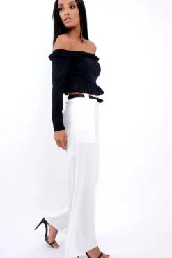 Rebellious Fashion Black Ruffle Hem Ribbed Bardot Crop Top - Kaitlyn