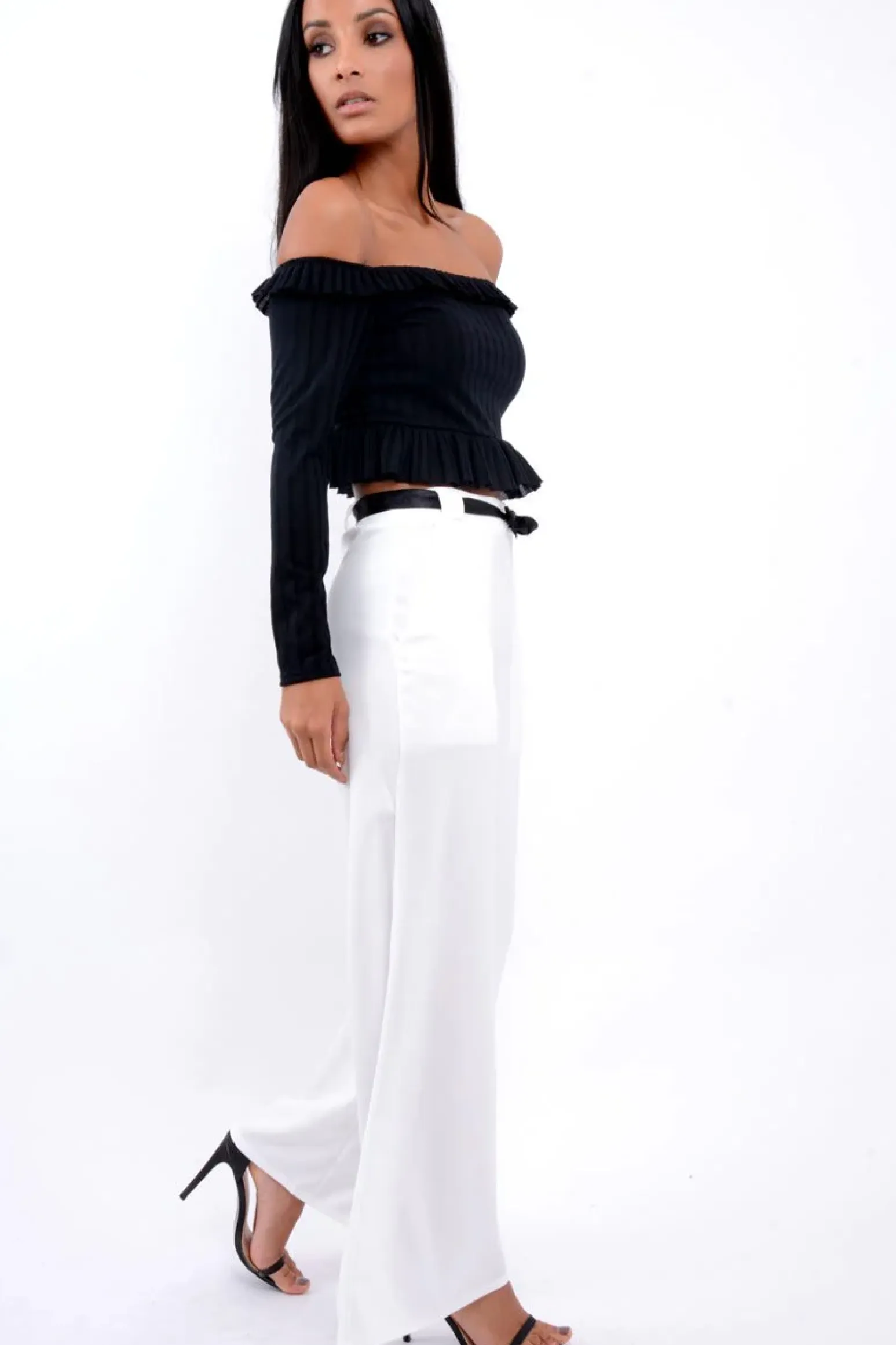 Rebellious Fashion Black Ruffle Hem Ribbed Bardot Crop Top - Kaitlyn