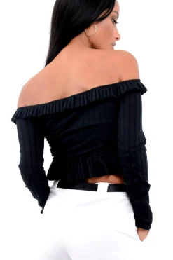 Rebellious Fashion Black Ruffle Hem Ribbed Bardot Crop Top - Kaitlyn