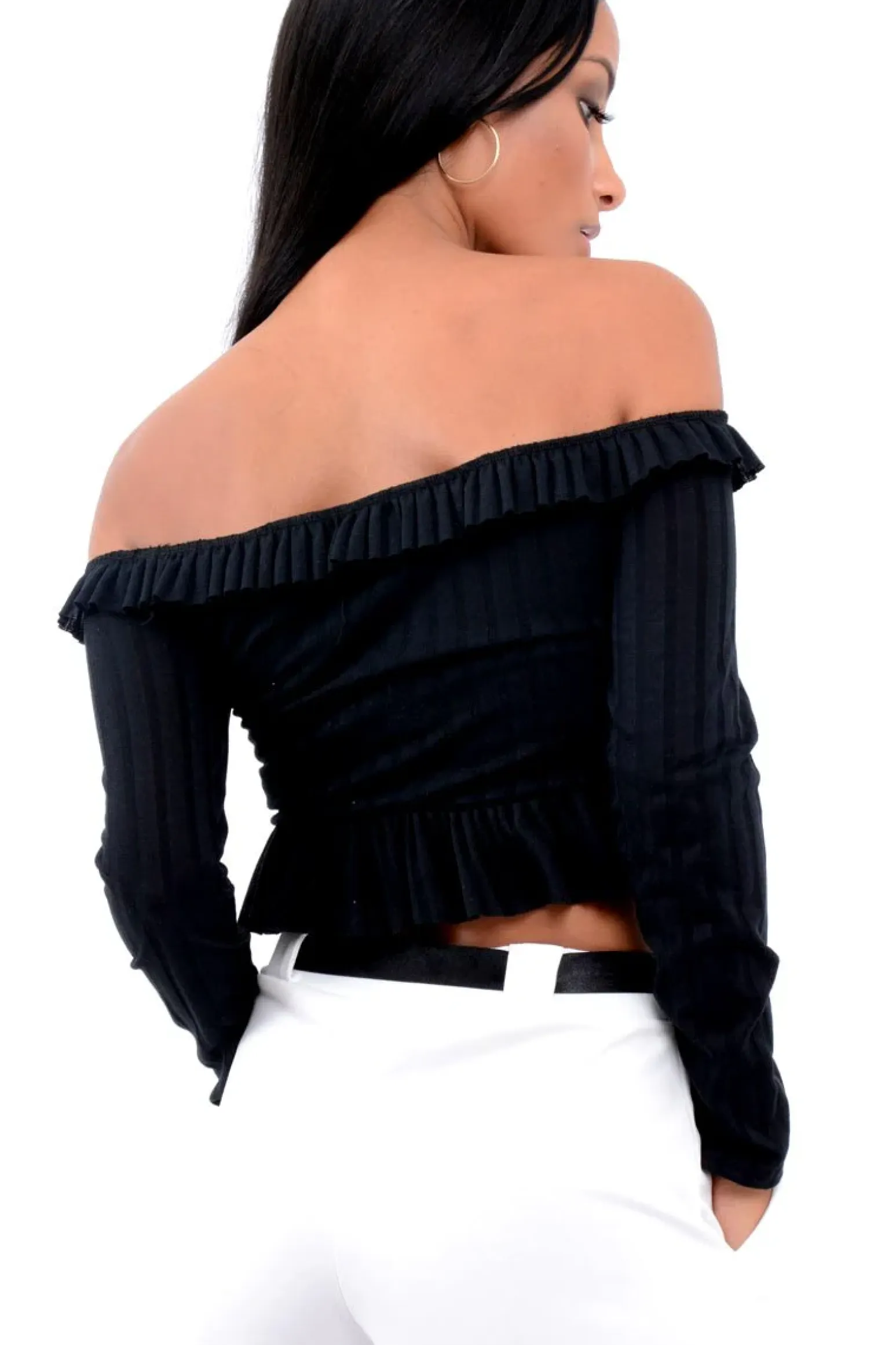 Rebellious Fashion Black Ruffle Hem Ribbed Bardot Crop Top - Kaitlyn