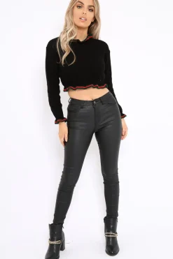 Rebellious Fashion Black Ruffle Hem With Stripe Trim Chunky Knit Crop Jumper - Alannah