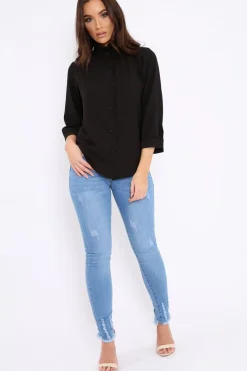 Rebellious Fashion Black Ruffle Neck Blouse with Cut out Back - Amelie