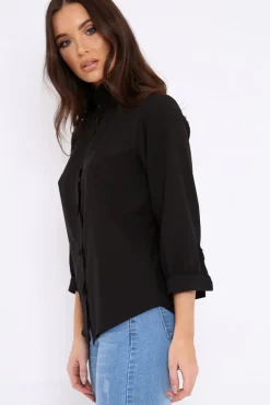 Rebellious Fashion Black Ruffle Neck Blouse with Cut out Back - Amelie