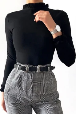 Rebellious Fashion Black Ruffle Neck Bodysuit - Trudy