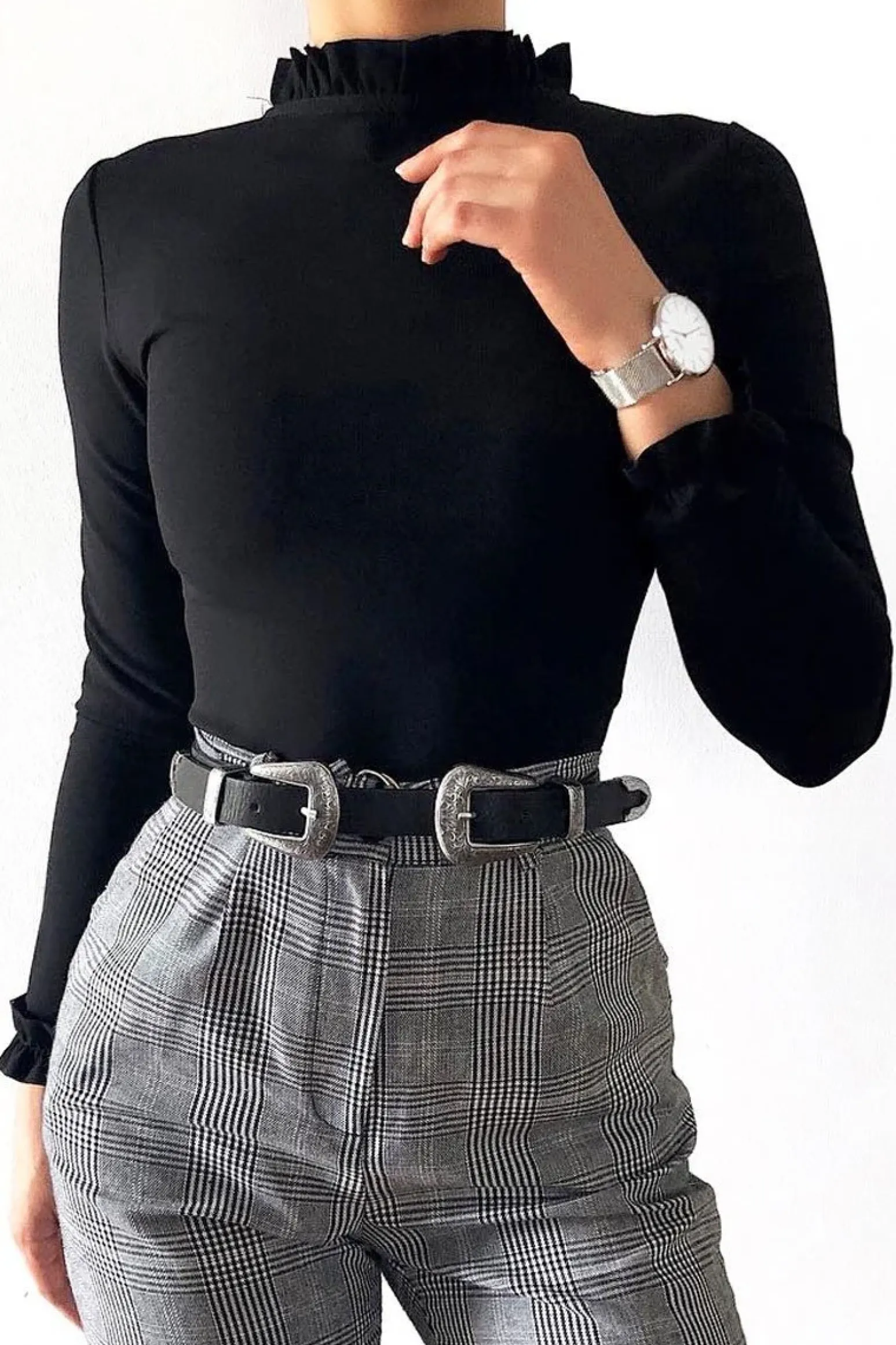 Rebellious Fashion Black Ruffle Neck Bodysuit - Trudy