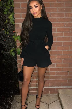 Rebellious Fashion Black Ruffle Neck Bodysuit - Trudy