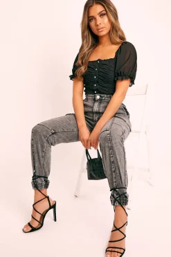 Rebellious Fashion Black Ruffle Pearl Button Crop Top - Stefani