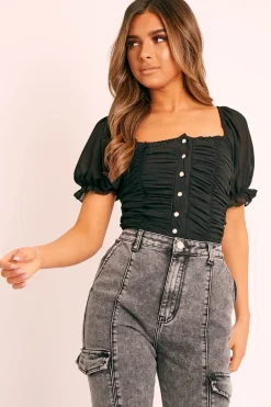 Rebellious Fashion Black Ruffle Pearl Button Crop Top - Stefani
