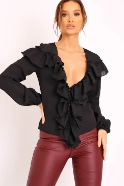Rebellious Fashion Black Ruffle Plunge Blouse - Leonie