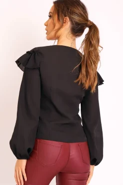 Rebellious Fashion Black Ruffle Plunge Blouse - Leonie