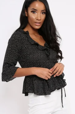 Rebellious Fashion Black Ruffle Polka Dot Blouse - Cassie