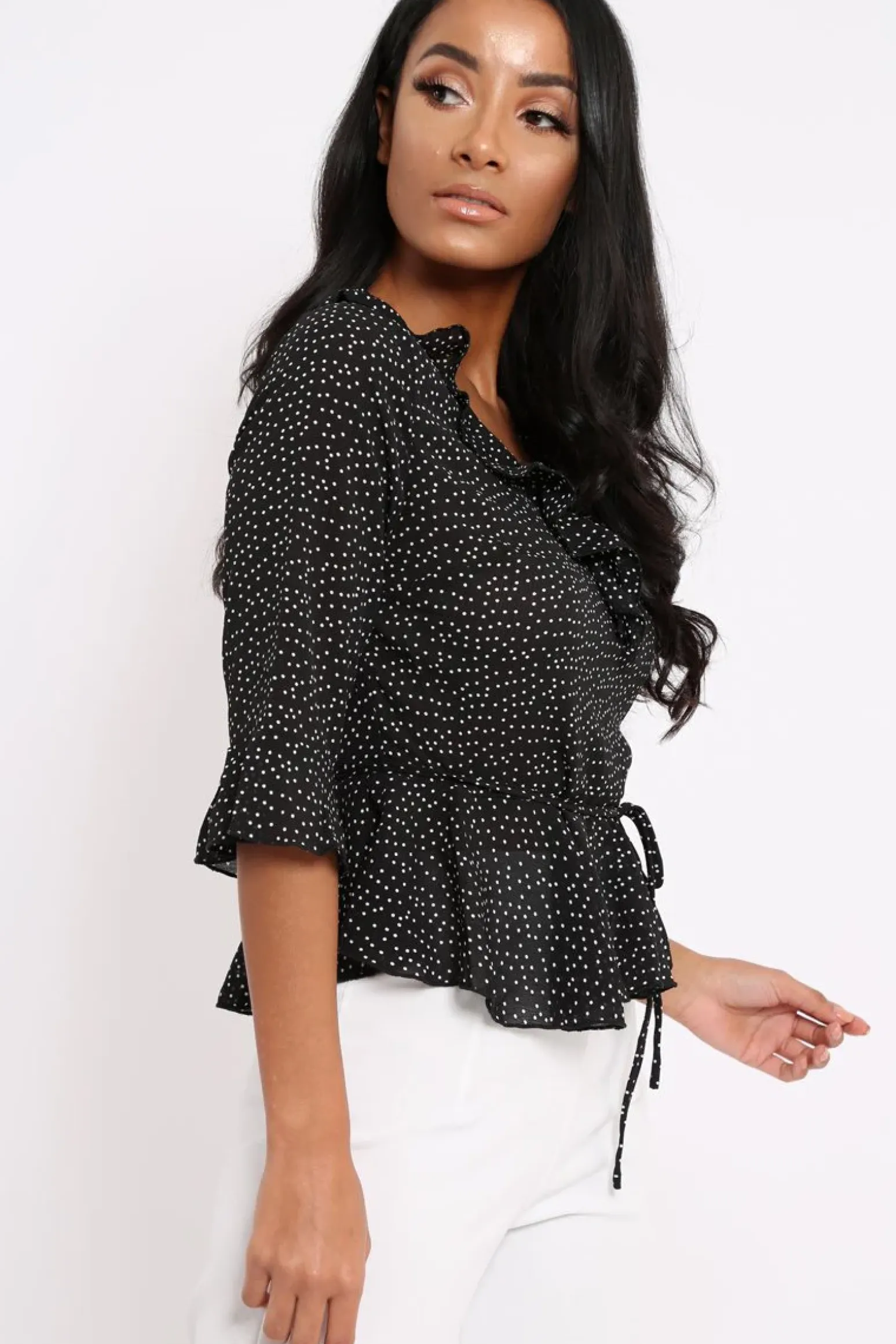 Rebellious Fashion Black Ruffle Polka Dot Blouse - Cassie