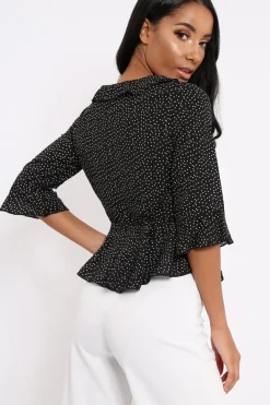 Rebellious Fashion Black Ruffle Polka Dot Blouse - Cassie