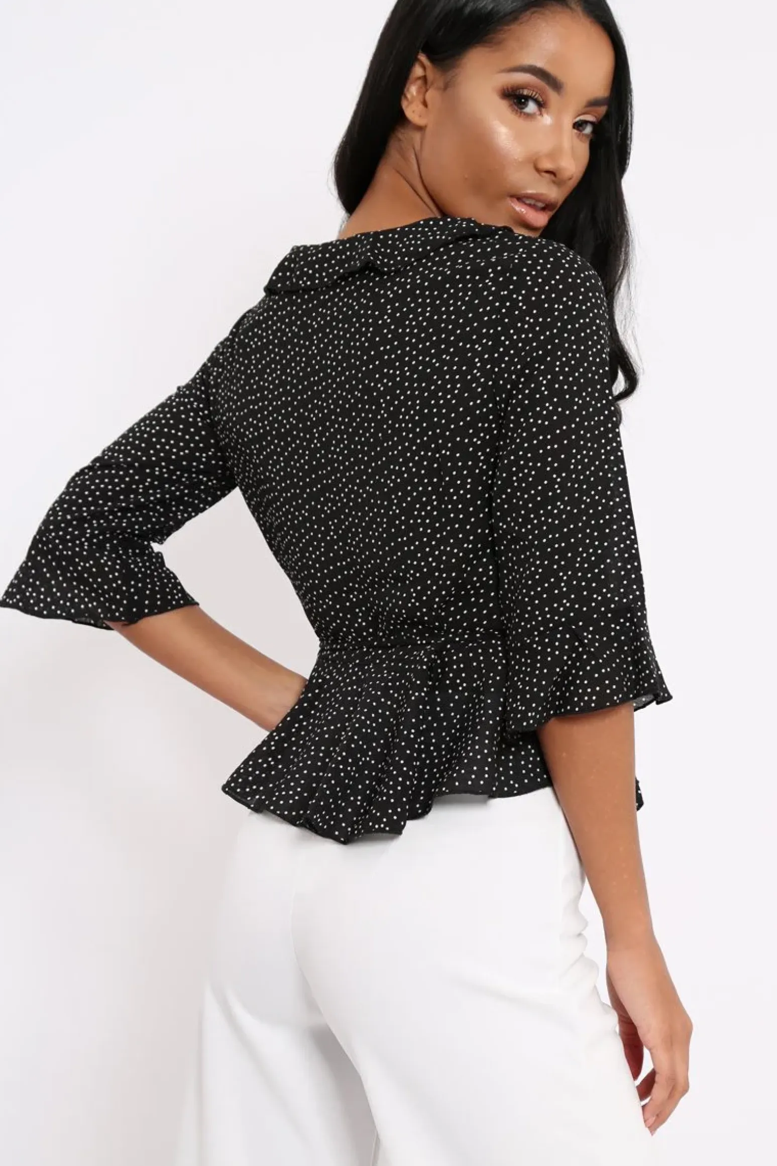 Rebellious Fashion Black Ruffle Polka Dot Blouse - Cassie