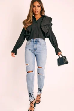 Rebellious Fashion Black Ruffle Shoulder Cropped Shirt - Fiorella