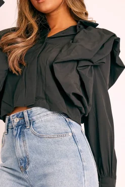 Rebellious Fashion Black Ruffle Shoulder Cropped Shirt - Fiorella