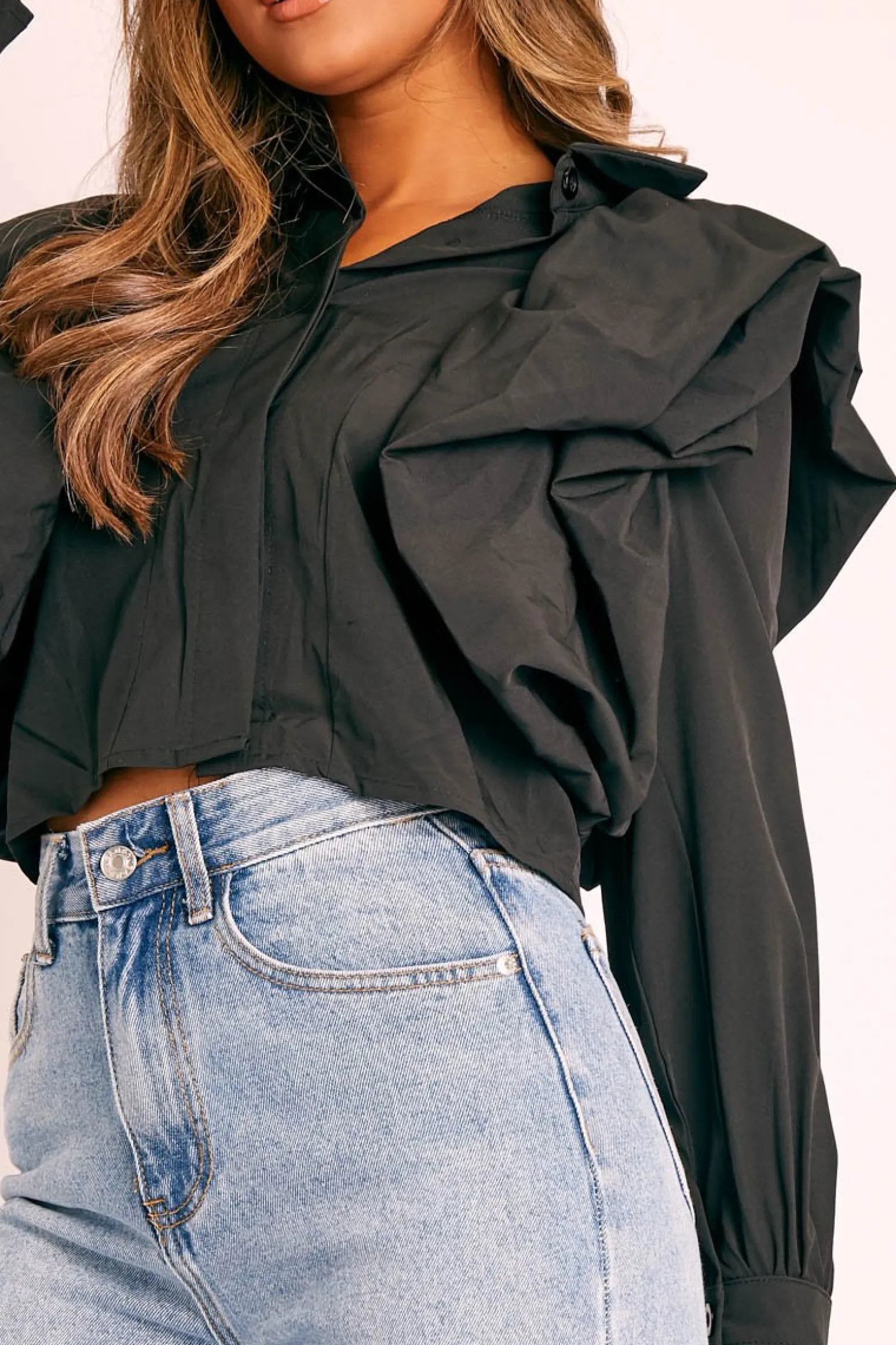 Rebellious Fashion Black Ruffle Shoulder Cropped Shirt - Fiorella