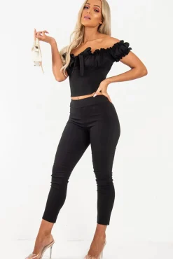Rebellious Fashion Black Ruffle Tie Front Bardot Crop Top - Pandora