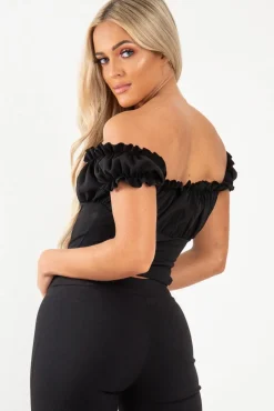 Rebellious Fashion Black Ruffle Tie Front Bardot Crop Top - Pandora