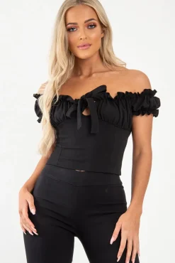 Rebellious Fashion Black Ruffle Tie Front Bardot Crop Top - Pandora