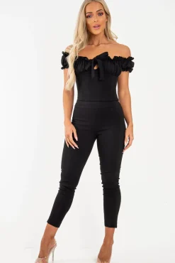Rebellious Fashion Black Ruffle Tie Front Bardot Crop Top - Pandora
