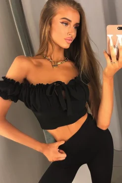 Rebellious Fashion Black Ruffle Tie Front Bardot Crop Top - Pandora