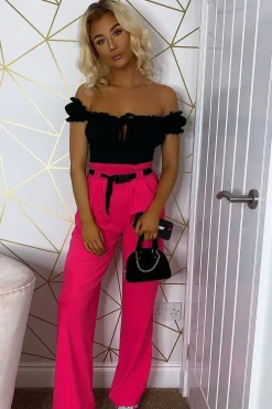 Rebellious Fashion Black Ruffle Tie Front Bardot Crop Top - Pandora