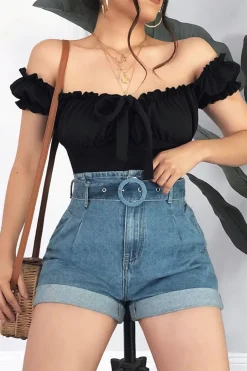 Rebellious Fashion Black Ruffle Tie Front Bardot Crop Top - Pandora