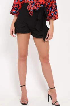 Rebellious Fashion Black Ruffle Trim Belted Shorts - Afra