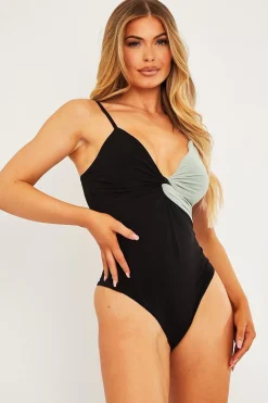 Rebellious Fashion Black Sage Splice Twist Front Bodysuit - Alayja