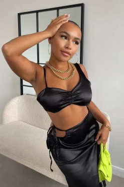 Rebellious Fashion Black Satin Asymmetric Crop Top & Maxi Skirt - Odell