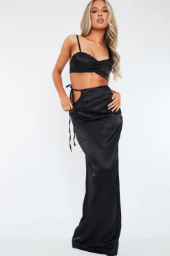 Rebellious Fashion Black Satin Asymmetric Crop Top & Maxi Skirt - Odell