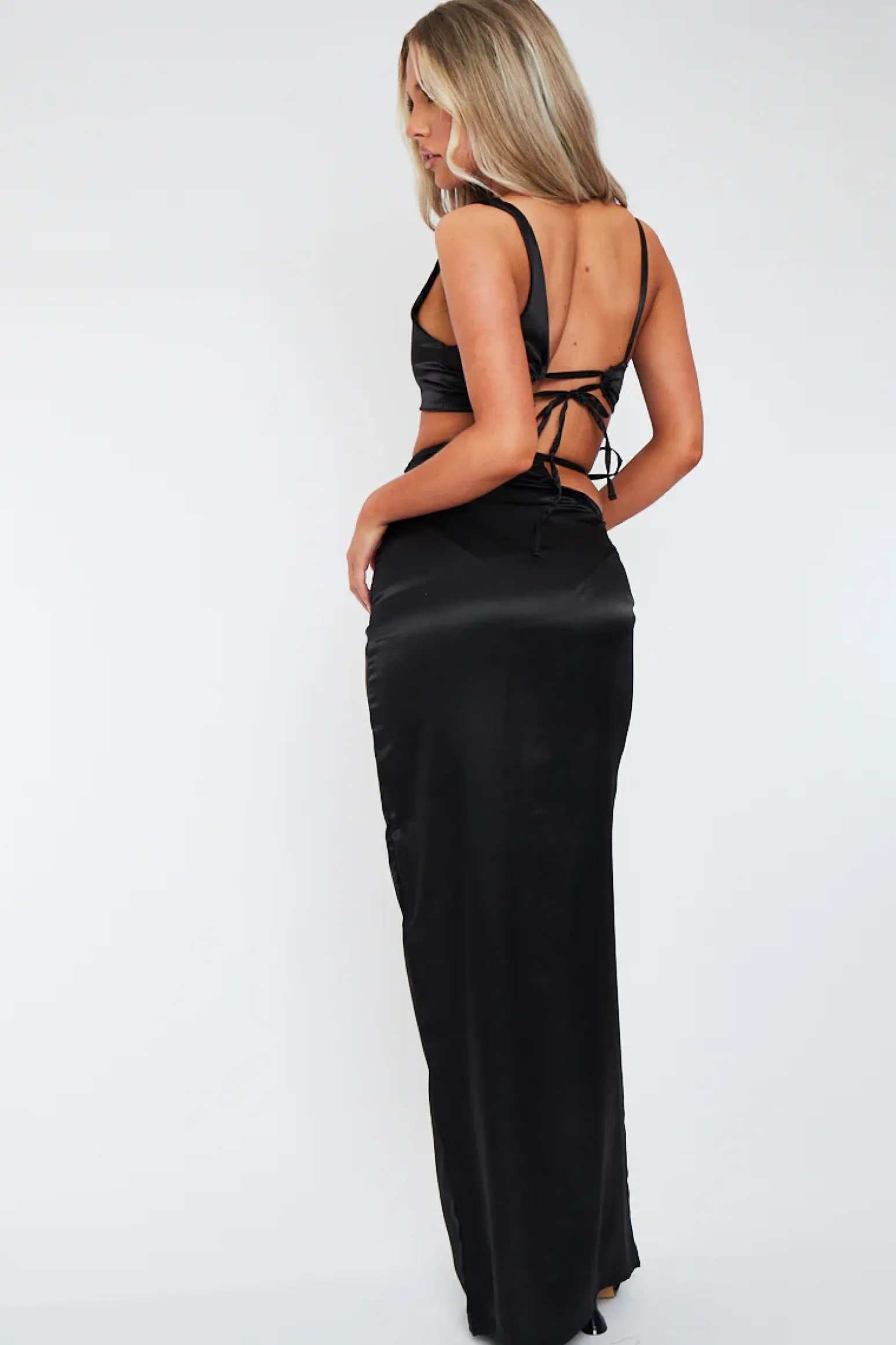 Rebellious Fashion Black Satin Asymmetric Crop Top & Maxi Skirt - Odell