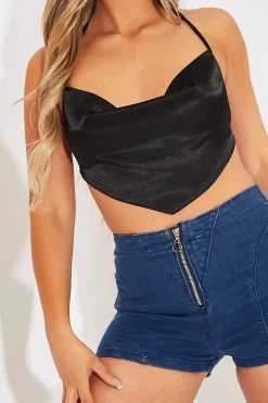 Rebellious Fashion Black Satin Bandana Halter Crop Top - Talisa