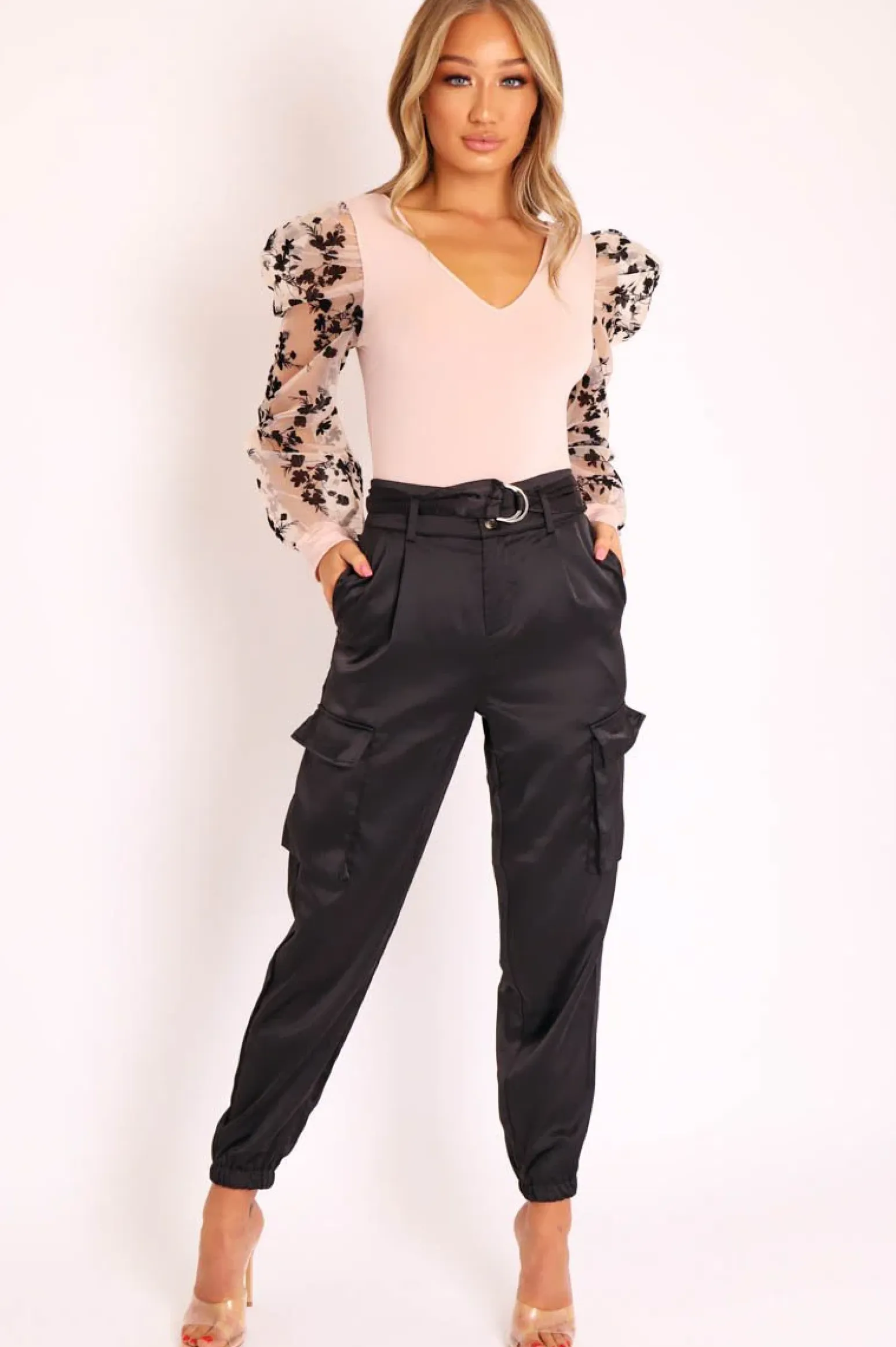 Rebellious Fashion Black Satin Belted Utility Pocket Double Buttoned Trousers - Una