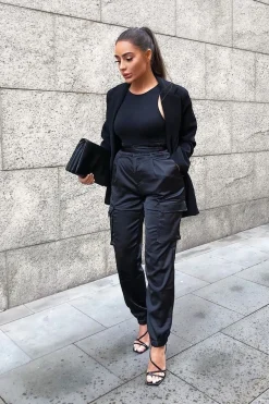 Rebellious Fashion Black Satin Belted Utility Pocket Double Buttoned Trousers - Una