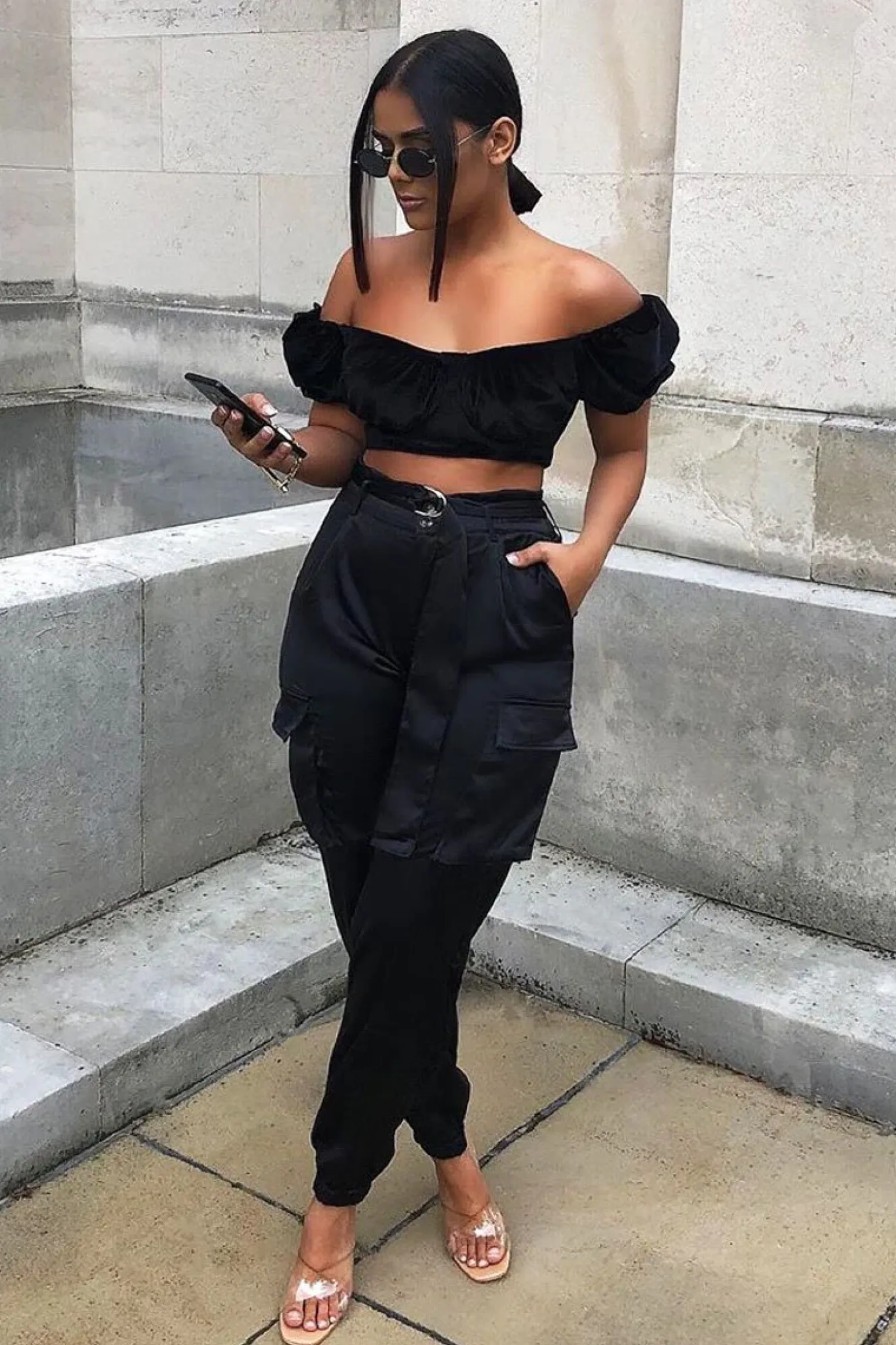 Rebellious Fashion Black Satin Belted Utility Pocket Double Buttoned Trousers - Una