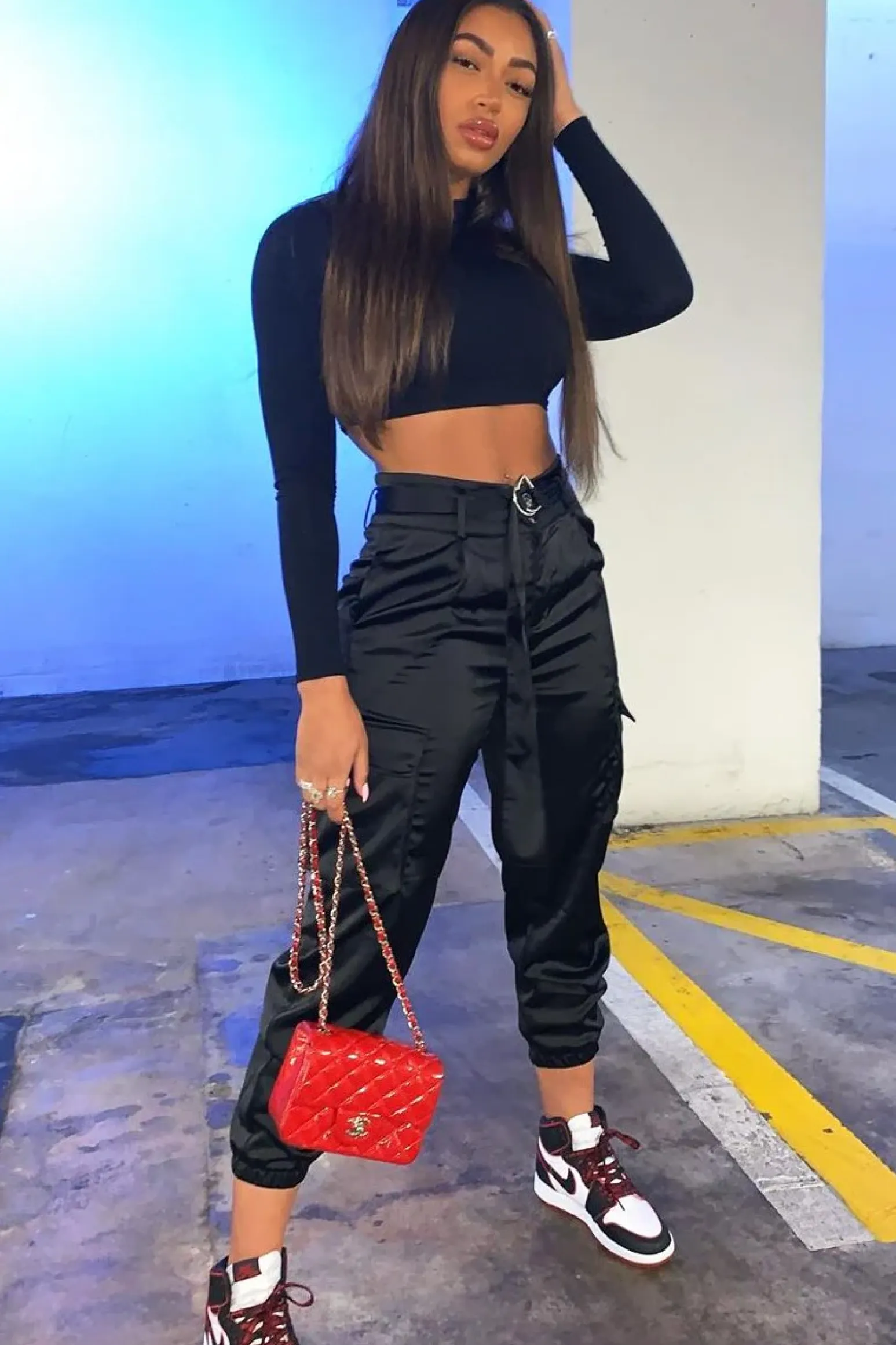 Rebellious Fashion Black Satin Belted Utility Pocket Double Buttoned Trousers - Una