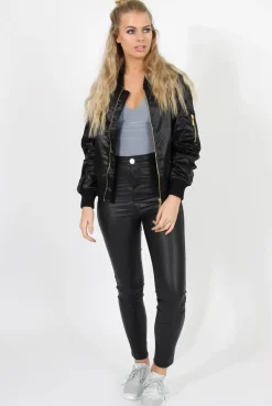 Rebellious Fashion Black Satin Bomber Jacket - Neve