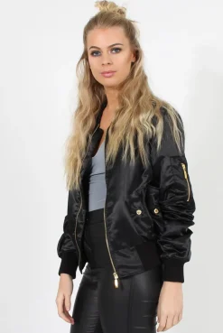 Rebellious Fashion Black Satin Bomber Jacket - Neve