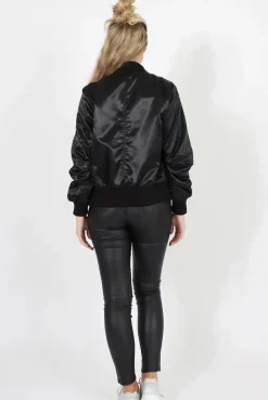 Rebellious Fashion Black Satin Bomber Jacket - Neve