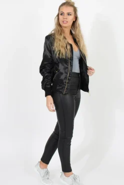 Rebellious Fashion Black Satin Bomber Jacket - Neve