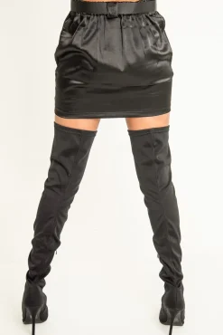 Rebellious Fashion Black Satin Buckle Belted Utility Skirt - Ishi
