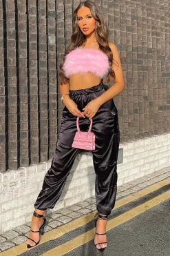 Rebellious Fashion Black Satin Cargo Trousers - Maeve