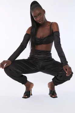 Rebellious Fashion Black Satin Cargo Trousers - Maeve
