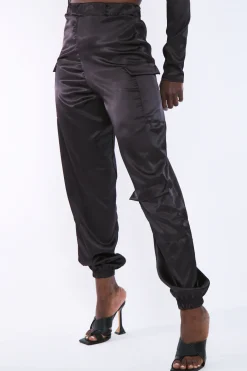 Rebellious Fashion Black Satin Cargo Trousers - Maeve