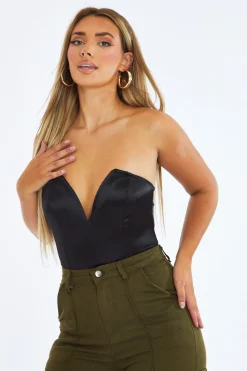 Rebellious Fashion Black Satin Corset Detail Bodysuit - Lulu