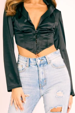 Rebellious Fashion Black Satin Corset Detail Plunge Blouse - Myha