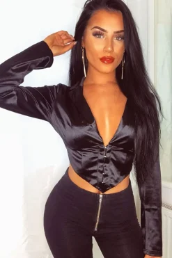 Rebellious Fashion Black Satin Corset Detail Plunge Blouse - Myha